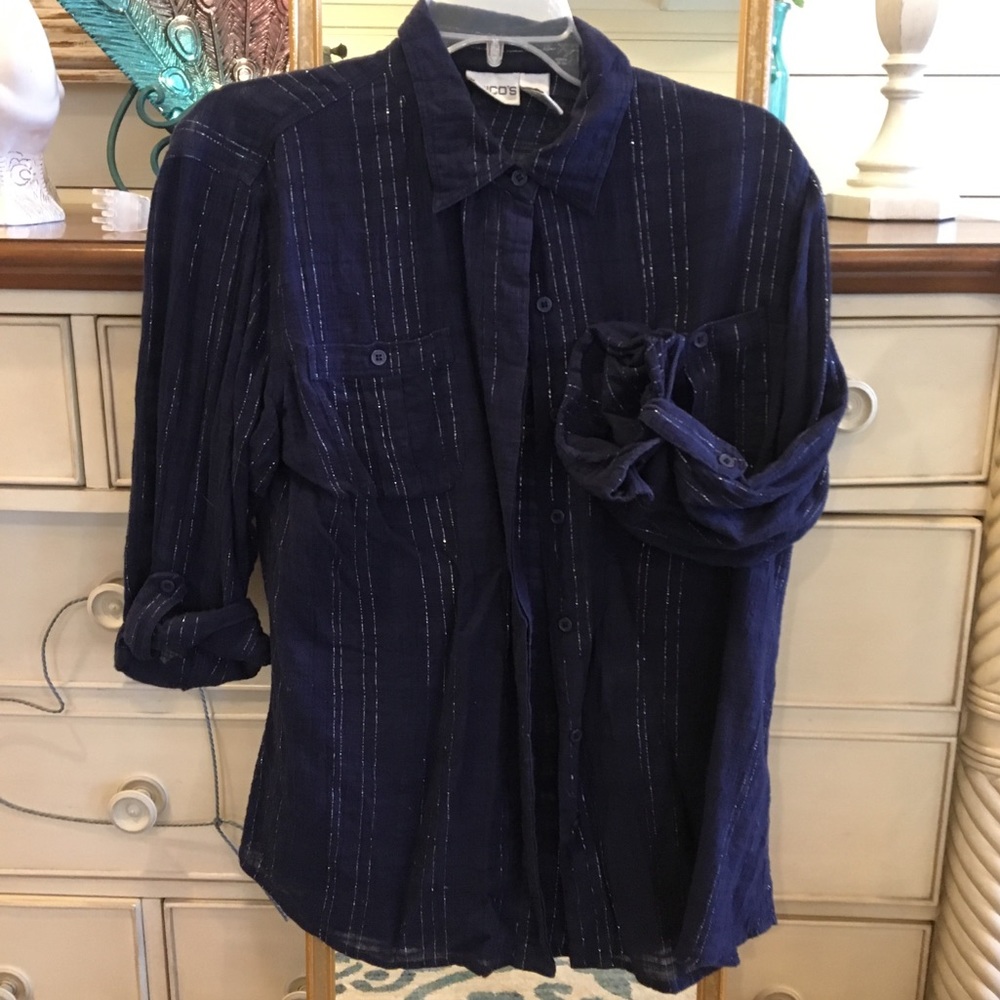 Chico’s navy sparkle stripe tab-sleeves top